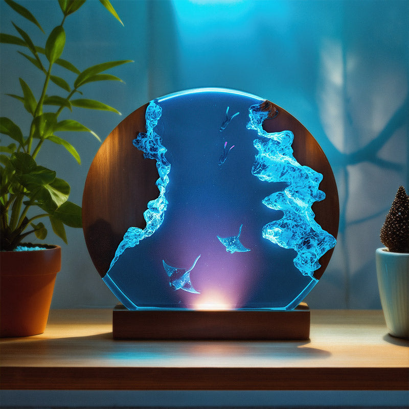 Diver & Manta Ray Resin Lamp Ocean Theme Circular Night Light for Bedside Decor