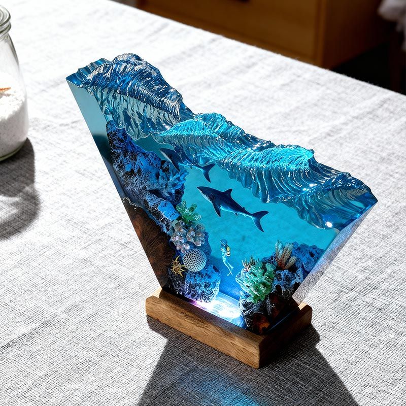 Great White Shark & Diver Resin Lamp Irregular Nautical Art Night Light