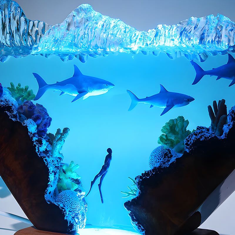Diver & Sharks Resin Lamp Handmade Wood Night Light for Living Room