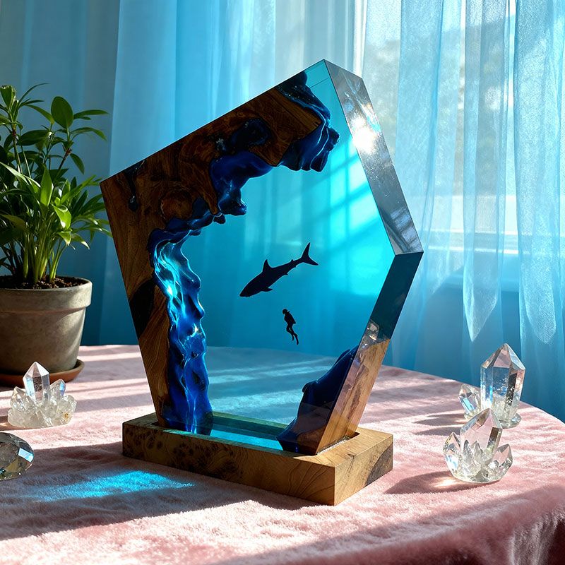 Shark & Diver Resin Lamp Ocean-Themed Handcrafted Night Light for Bedroom
