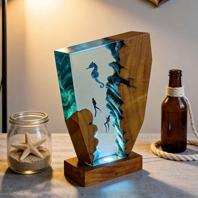 Whimsical Seahorse & Diver Ocean Resin Lamp | ORYNAVA Irregular Decor Gift