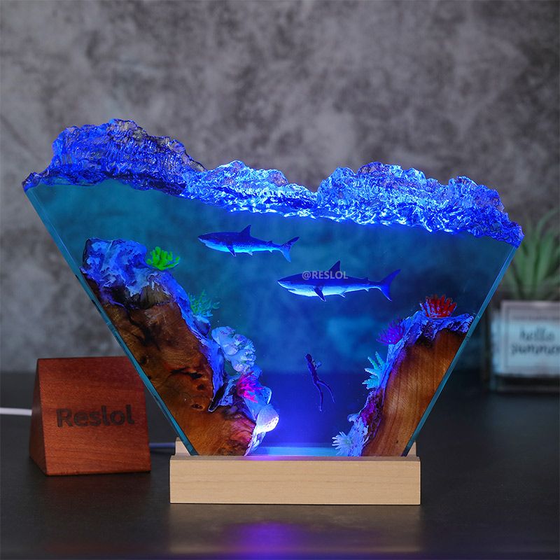 Great White Shark & Diver Resin Lamp Irregular Nautical Art Night Light