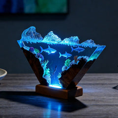 Diver & Sharks Resin Lamp Handmade Wood Night Light for Living Room