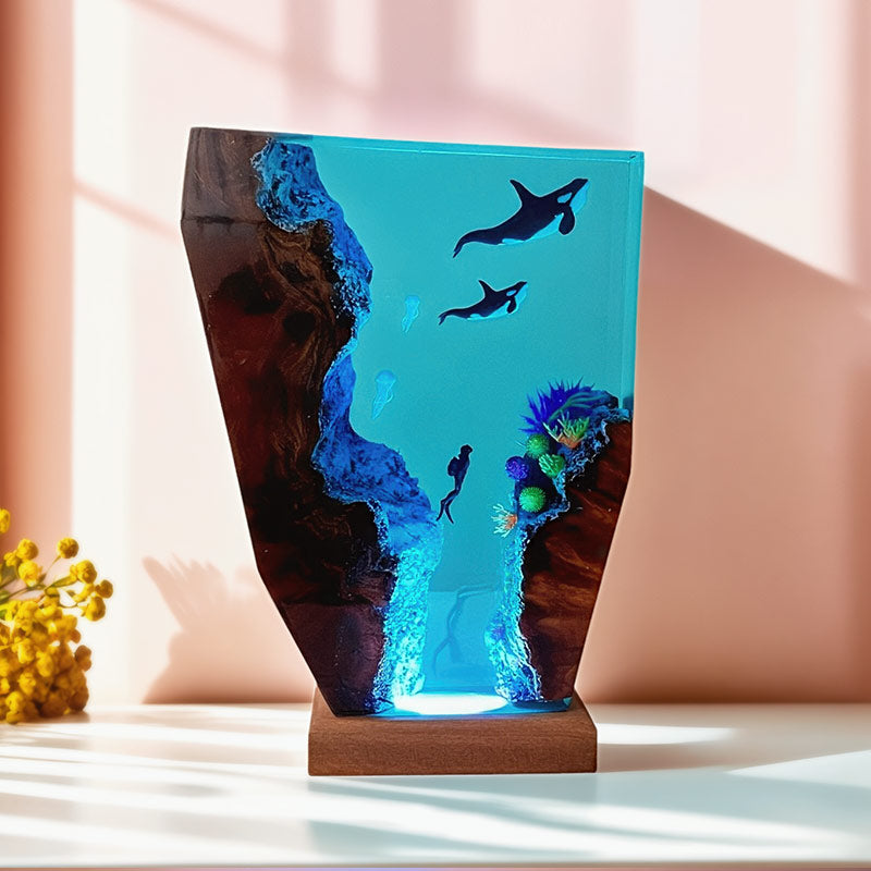 Orca Diver Resin Lamp Ocean-Themed Epoxy Night Light for Bedroom