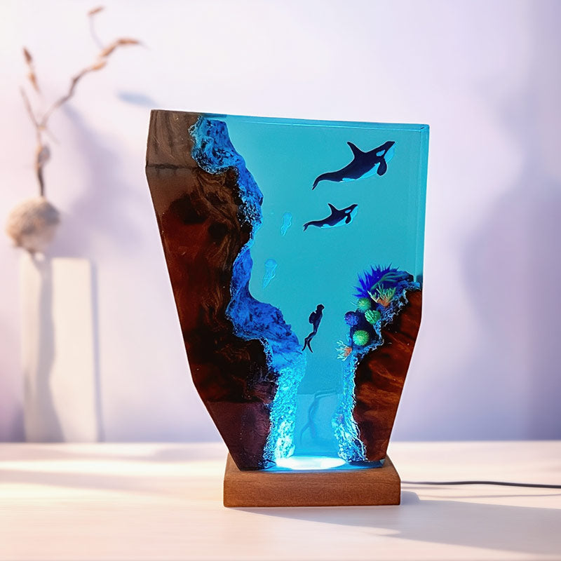 Orca Diver Resin Lamp Ocean-Themed Epoxy Night Light for Bedroom