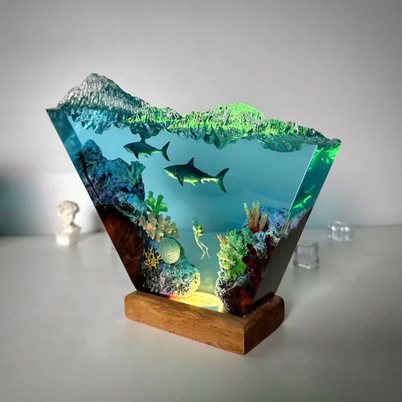 Great White Shark & Diver Resin Lamp Irregular Nautical Art Night Light