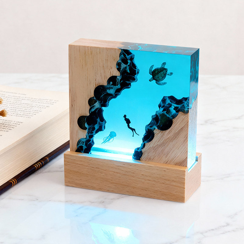 Turtle & Jellyfish Resin Night Light Handmade Cuboid Lamp for Bedroom Decor