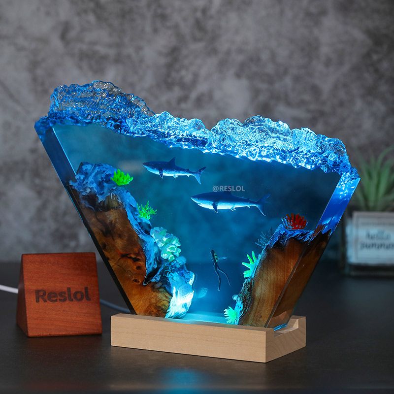 Great White Shark & Diver Resin Lamp Irregular Nautical Art Night Light