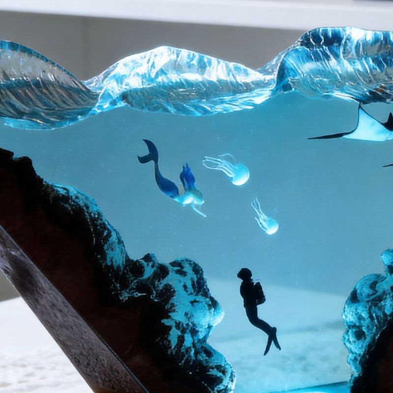 Nautical Resin Lamp with Mermaid & Diver Unique Coastal Home Decor