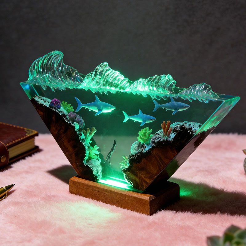Diver & Sharks Resin Lamp Handmade Wood Night Light for Living Room