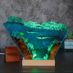 Great White Shark & Diver Resin Lamp Irregular Nautical Art Night Light