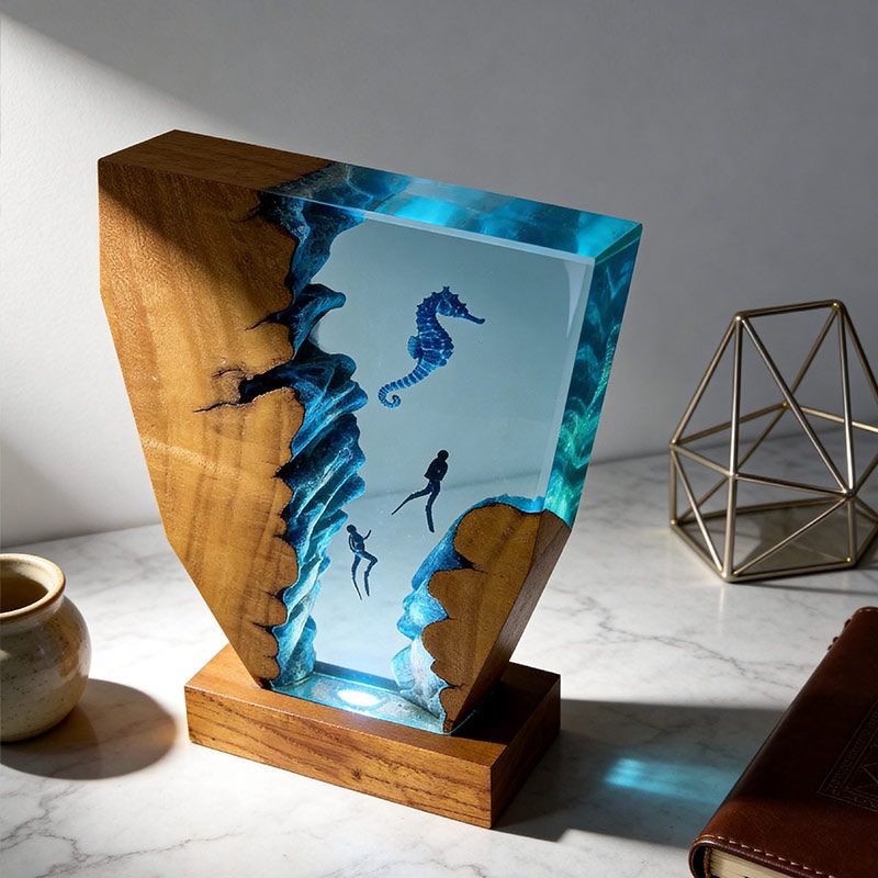 Whimsical Seahorse & Diver Ocean Resin Lamp | ORYNAVA Irregular Decor Gift