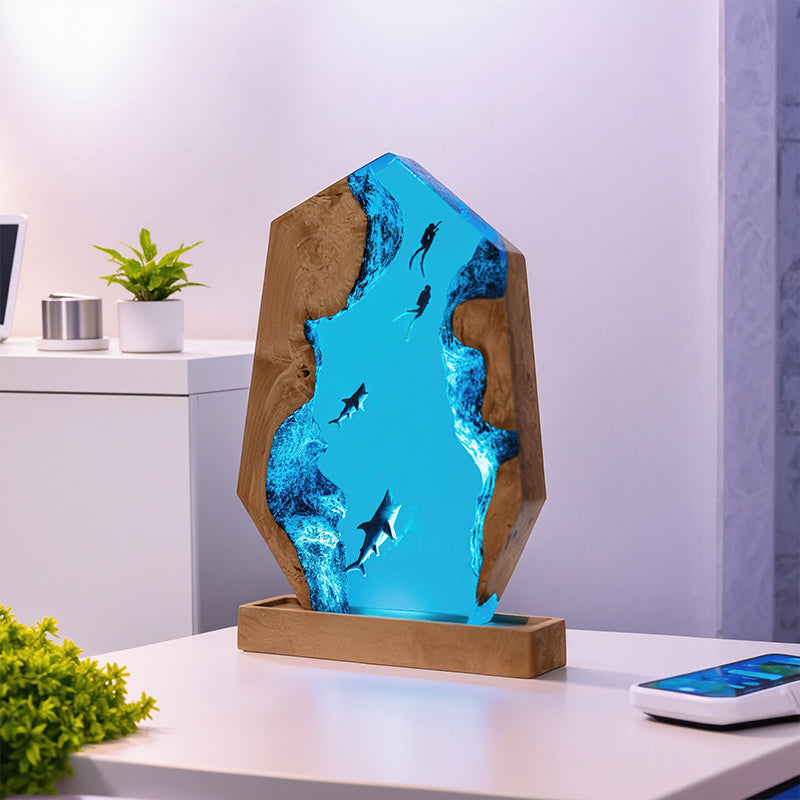Irregular Shark & Diver Resin Lamp Unique 3D Night Light for Desk Decor