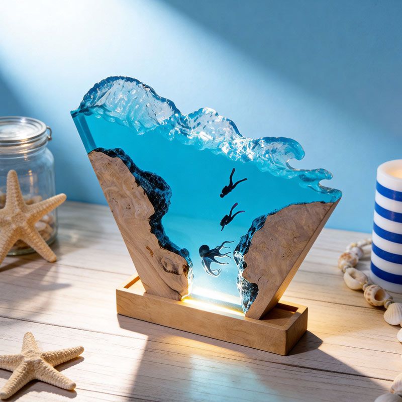 Octopus & Explorer-Themed Resin Lamp Deep-Sea Art Decor for Office