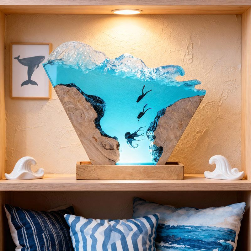 Octopus & Explorer-Themed Resin Lamp Deep-Sea Art Decor for Office