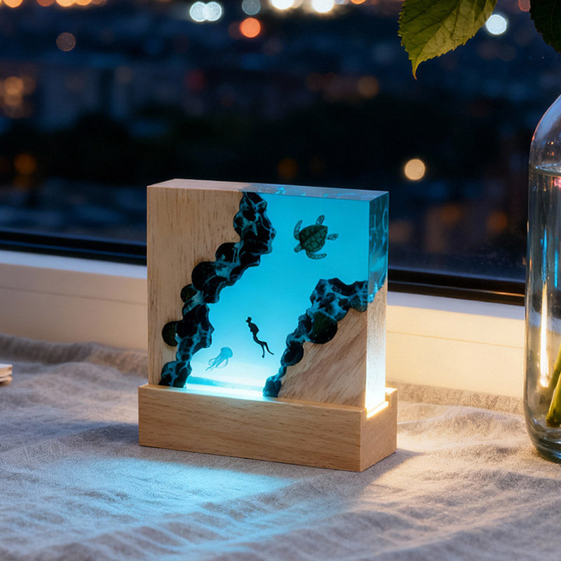 Turtle & Jellyfish Resin Night Light Handmade Cuboid Lamp for Bedroom Decor