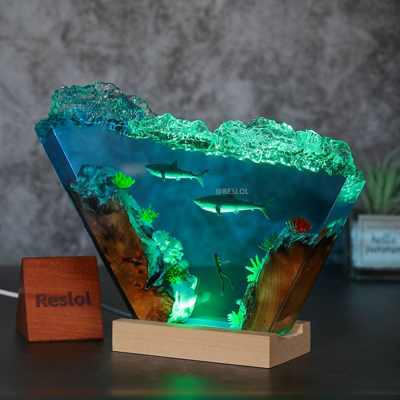 Great White Shark & Diver Resin Lamp Irregular Nautical Art Night Light
