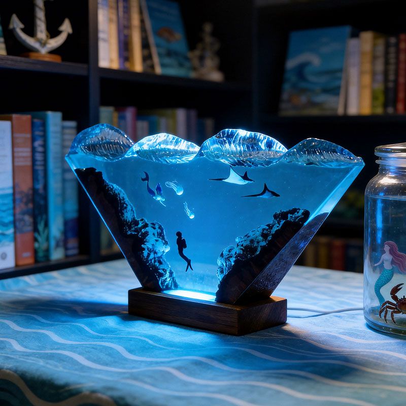 Nautical Resin Lamp with Mermaid & Diver Unique Coastal Home Decor