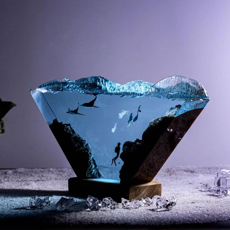 Nautical Resin Lamp with Mermaid & Diver Unique Coastal Home Decor