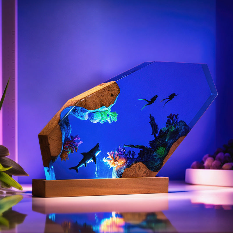 Resin Lamp with Shark & Diver Handmade Night Light for Bedroom Decor