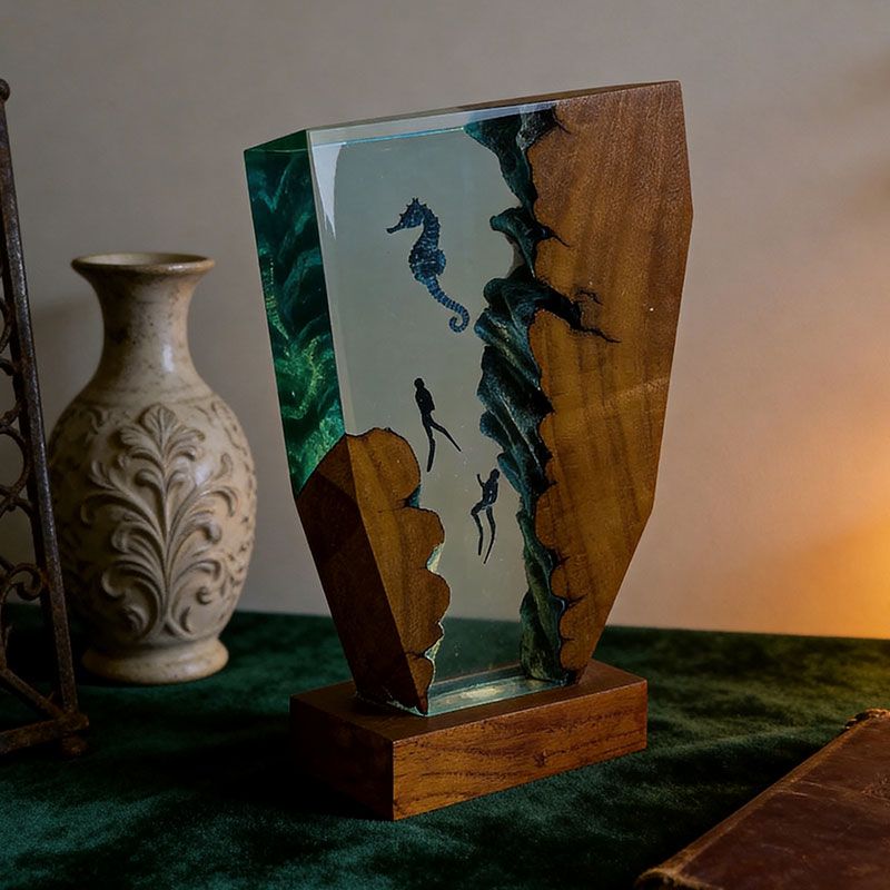 Whimsical Seahorse & Diver Ocean Resin Lamp | ORYNAVA Irregular Decor Gift