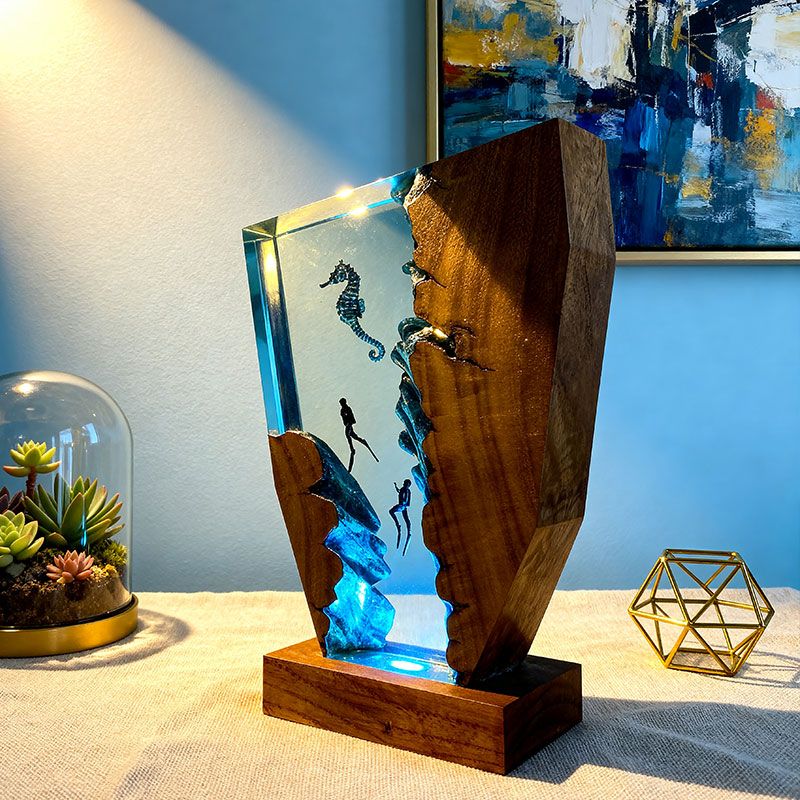 Whimsical Seahorse & Diver Ocean Resin Lamp | ORYNAVA Irregular Decor Gift