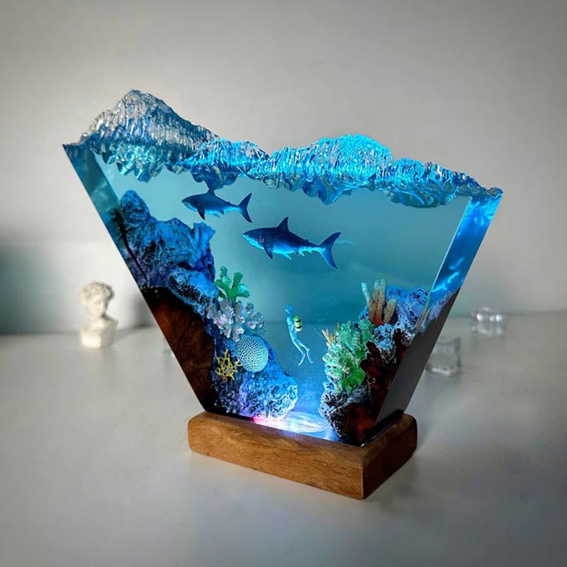 Great White Shark & Diver Resin Lamp Irregular Nautical Art Night Light