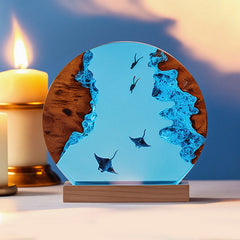Diver & Manta Ray Resin Lamp Ocean Theme Circular Night Light for Bedside Decor