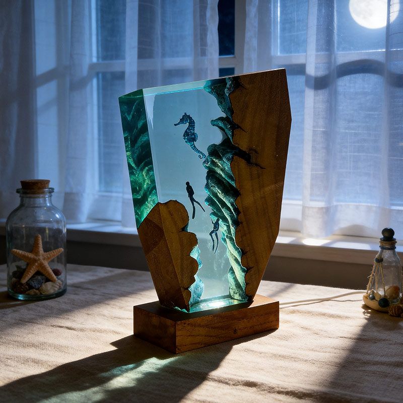 Whimsical Seahorse & Diver Ocean Resin Lamp | ORYNAVA Irregular Decor Gift