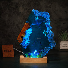 Diver Couple & Manta Ray Resin Lamp Artisanal Night Light for Christmas Gift