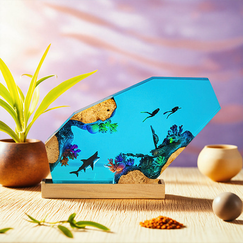 Resin Lamp with Shark & Diver Handmade Night Light for Bedroom Decor